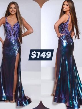 2 Cute Iridescent Blue-Purple Sequin Bodice Prom Gown
